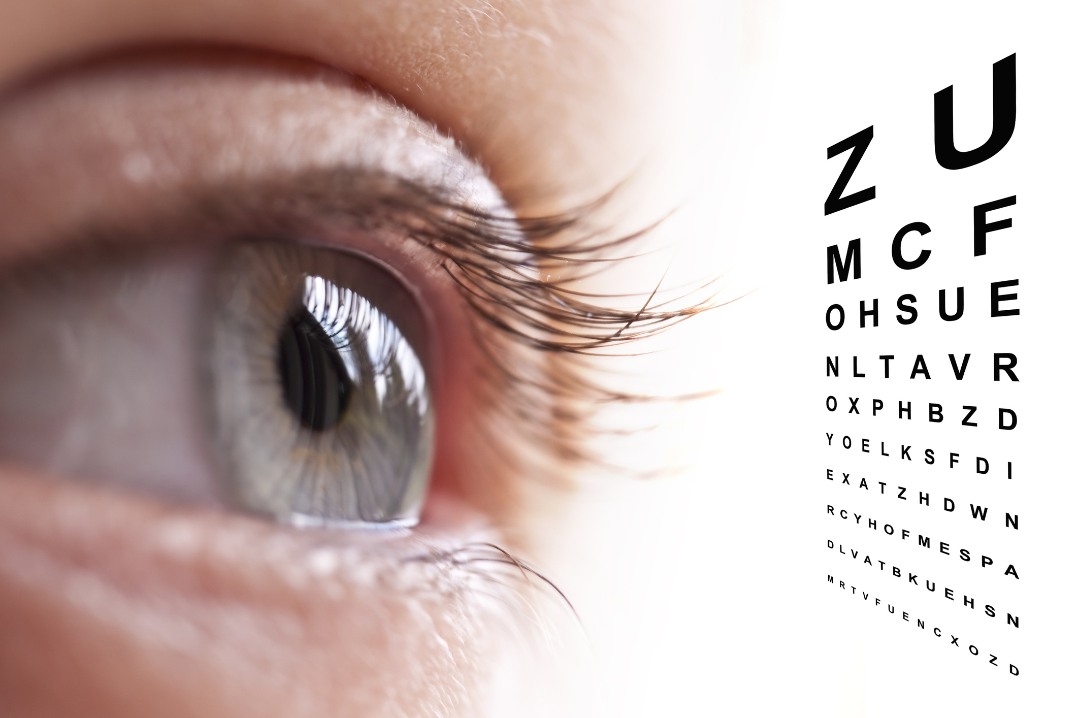 Close up of an eye and vision test chart